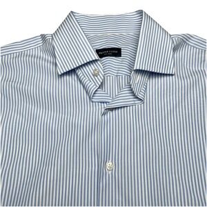 Proper Cloth Dress Shirt (M) Slim Thomas Mason Blue Bengal Stripe Broadcloth